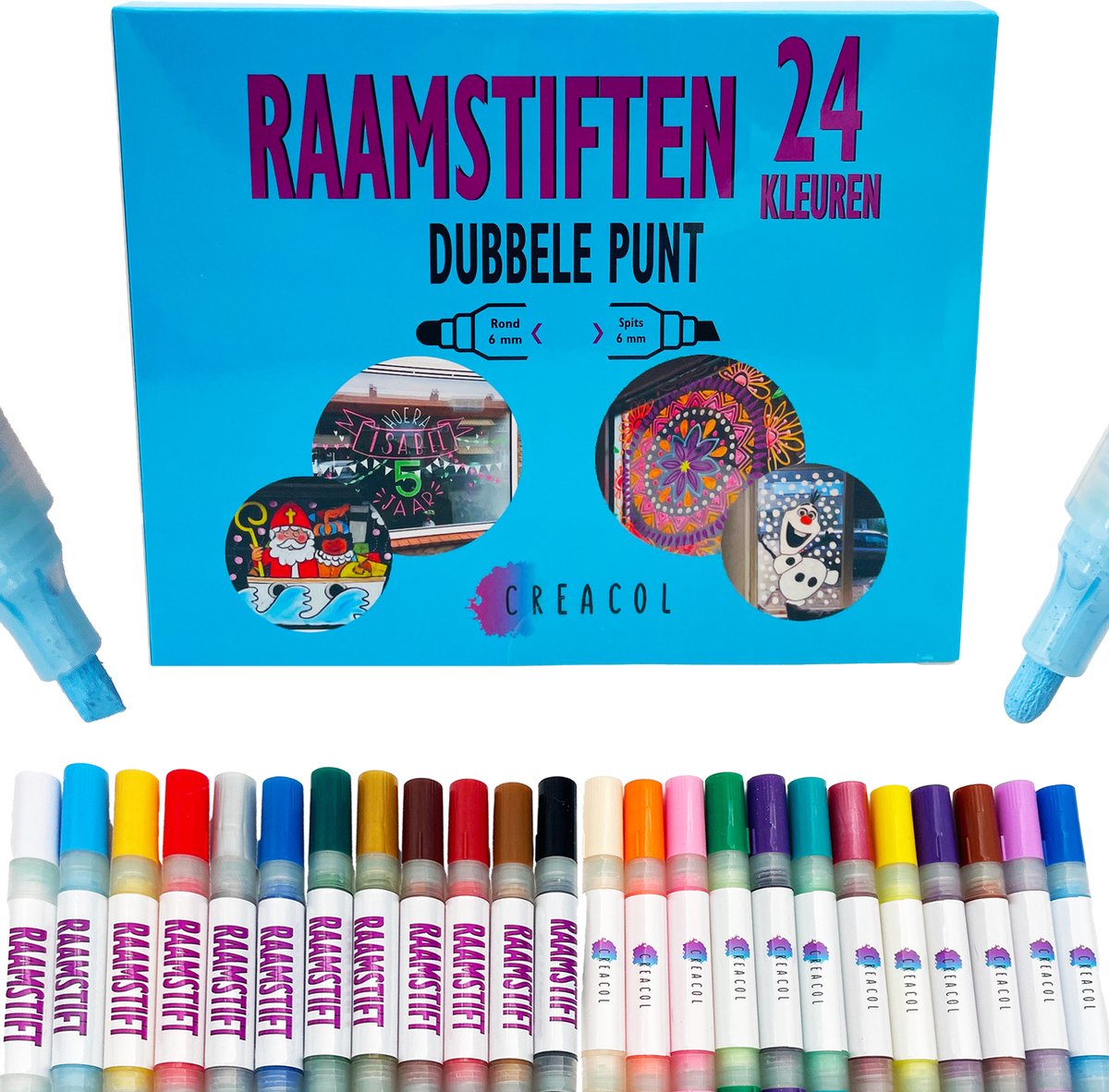 Creacol Raamstiften afwasbaar - 24 Stuks - Krijtstiften voor raam - Whiteboard Stiften -Glasstiften - Whiteboard Markers