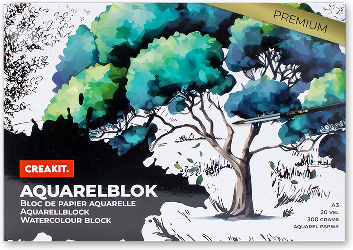 CREAKIT. Aquarelblok – 20 vel – Aquarelpapier A3 – Aquarelblokken voor Waterverf – Knutselen voor Kinderen en Volwassen