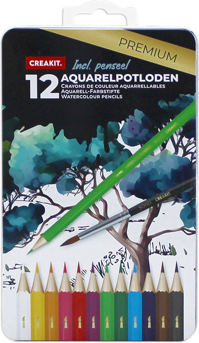CREAKIT. Aquarelpotloden in Blik – 12 Stuks – Potloden Tekenen – Inclusief Penseel – Potloden Kinderen en Volwassenen – Potloden Set – Hout – Meerkleurig