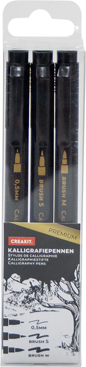CREAKIT. Kalligrafieset – 3 stuks – Brushstiften – Kalligrafiepennen – Kalligrafiestiften – Zwarte Inkt