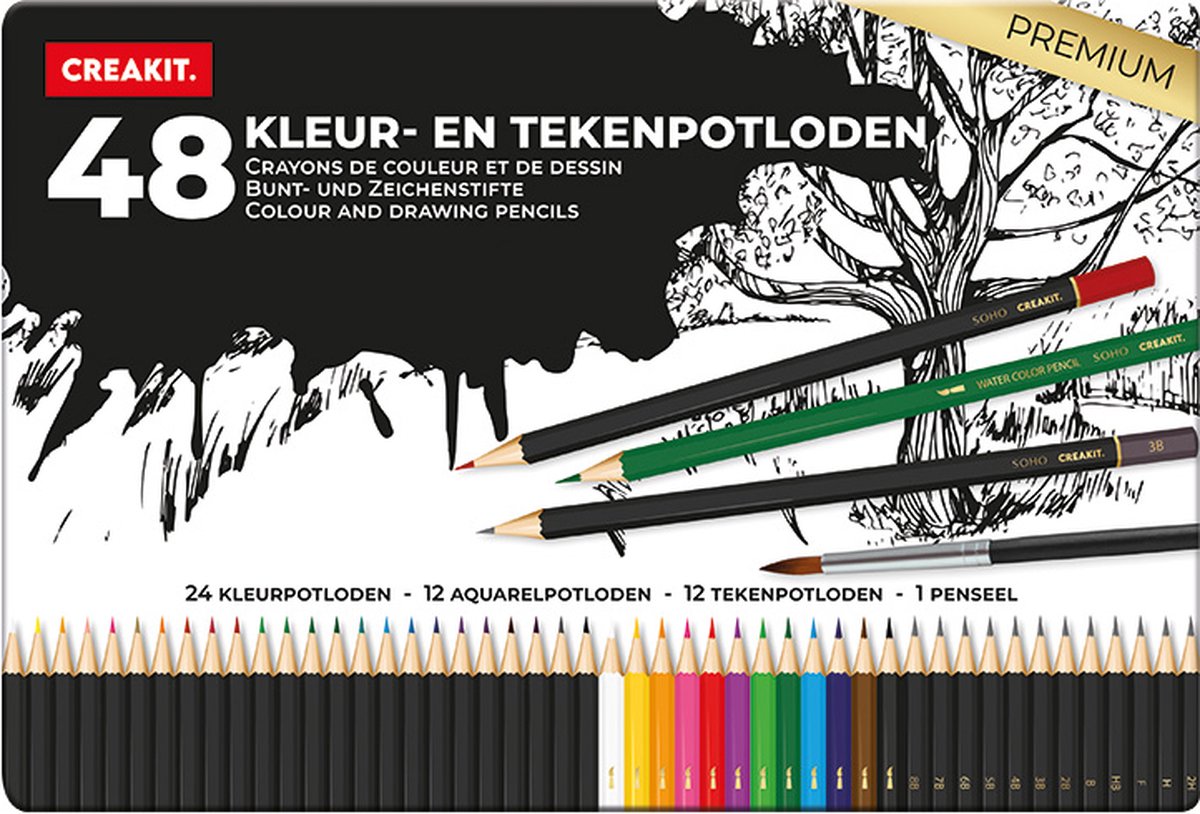 CREAKIT. Kleur– en Tekenpotloden met Penseel in Blik – 48 Stuks – Potloden Tekenen – 24 Kleurpotloden, 12 Aquarelpotloden en 12 Tekenpotloden – Potloden Set – Hout – Meerkleurig