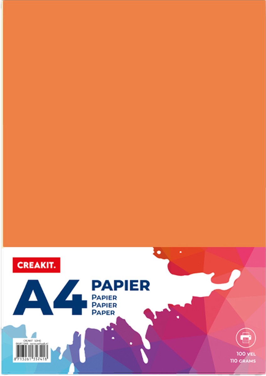 CREAKIT. Papier A4 – 100 Vellen – Knutselen voor Kinderen en Volwassenen – Tekenpapier voor Kinderen – 110 grams – Knutselpapier – Gekleurd Papier – Oranje