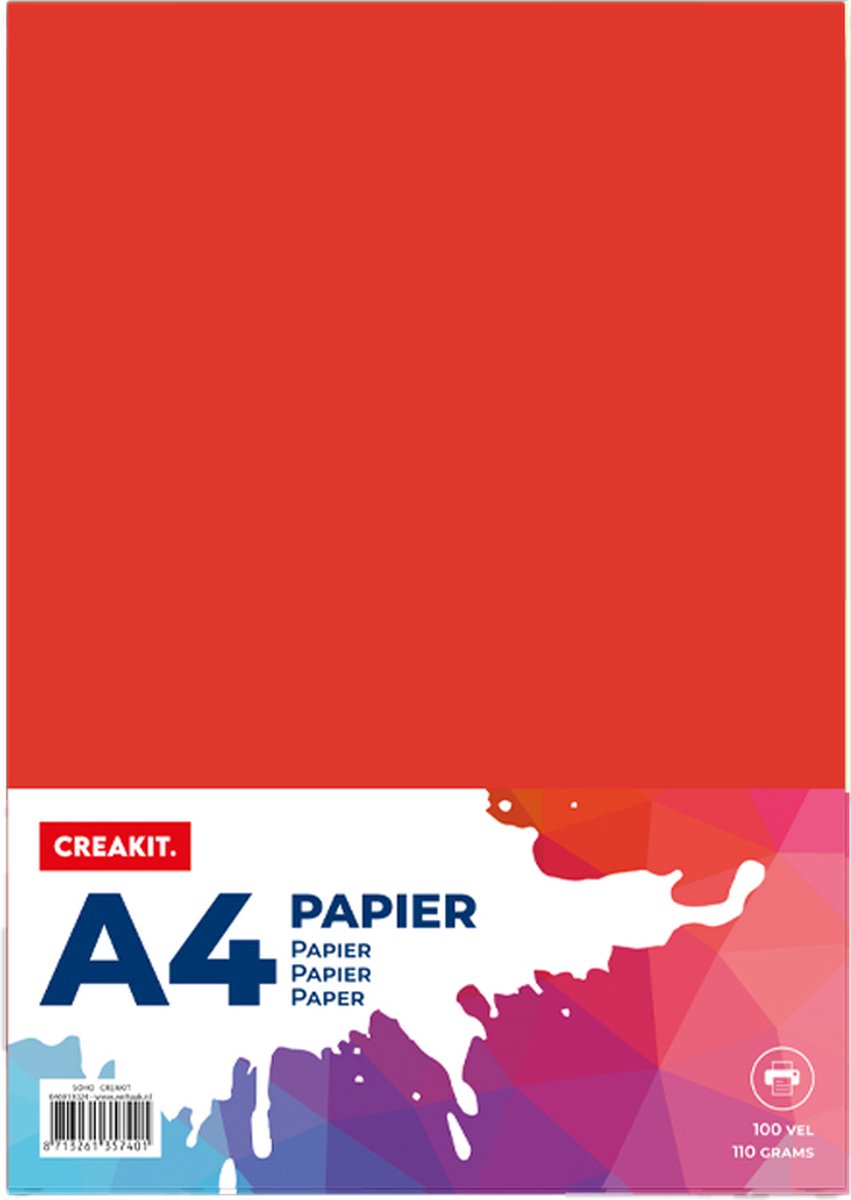 CREAKIT. Papier A4 – 100 Vellen – Knutselen voor Kinderen en Volwassenen – Tekenpapier voor Kinderen – 110 grams – Knutselpapier – Gekleurd Papier – Rood