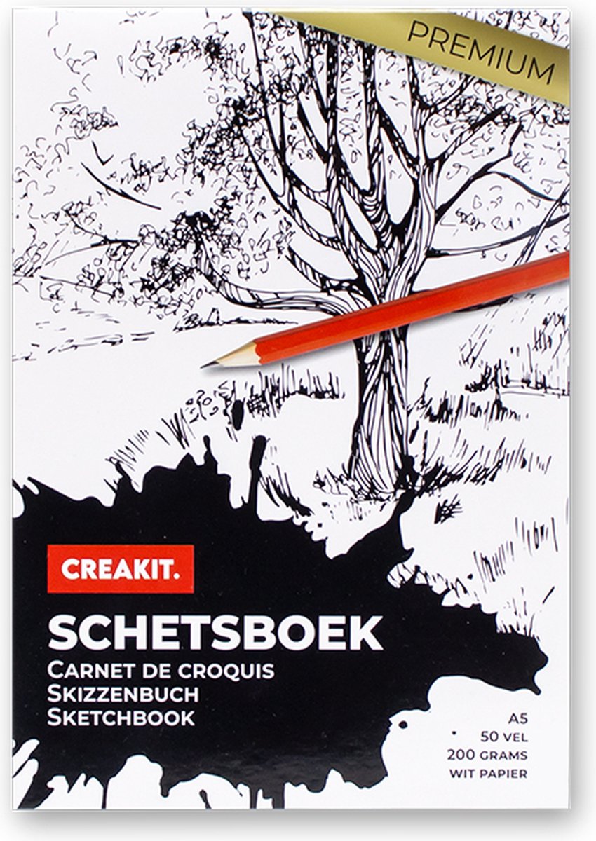 CREAKIT. Schetsboek A5 – 50 Vellen – Tekenpapier – Schtetsblok – Schetsboek voor Kinderen en Volwassenen – 200 grs – Tekenblok – Wit papier