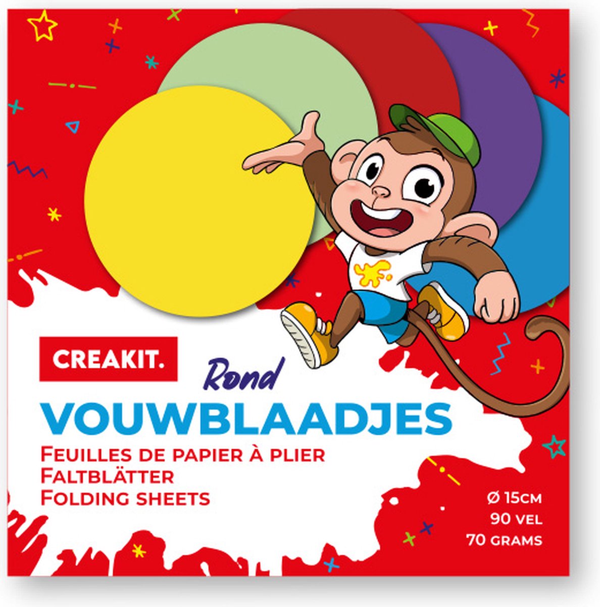 CREAKIT. Vouwblaadjes Rond – ø15 cm – Knutselen voor Kinderen en Volwassenen – 90 vellen – Tekenpapier – Knutselpapier – 5 verschillende kleuren – Origami Papier