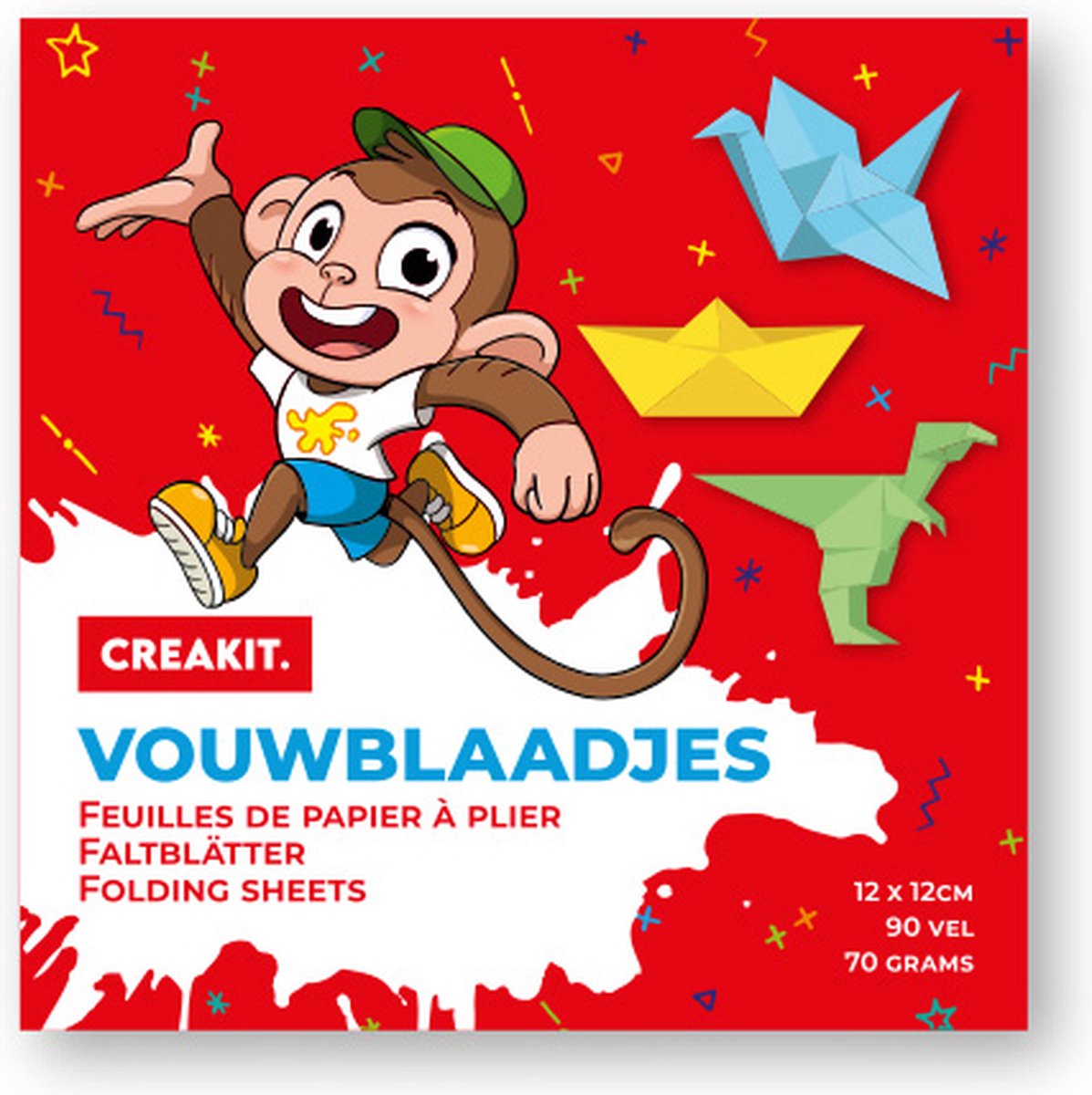 CREAKIT. Vouwblaadjes – 12 x 12 cm – Knutselen voor Kinderen en Volwassenen – 90 vellen – Tekenpapier – Knutselpapier – 5 verschillende kleuren – Origami Papier