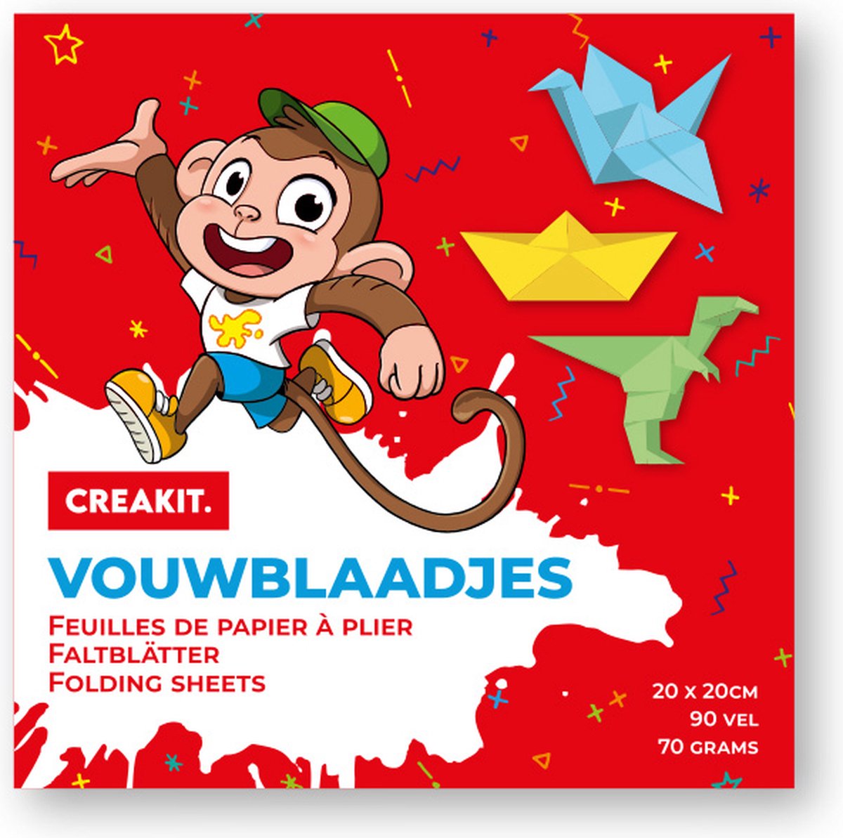 CREAKIT. Vouwblaadjes – 20 x 20 cm – Knutselen voor Kinderen en Volwassenen – 90 vellen – Tekenpapier – Knutselpapier – 5 verschillende kleuren – Origami Papier