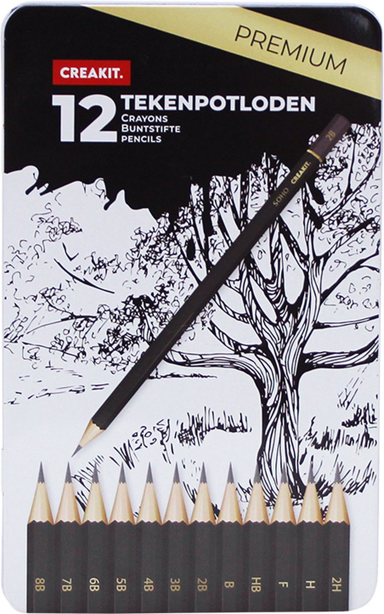 CREAKIT. tekenpotloden 12 Stuks – In bewaarblik – Potloden voor Kinderen en Volwassenen – Verschillende Hardheden – Potloden Set – Hout