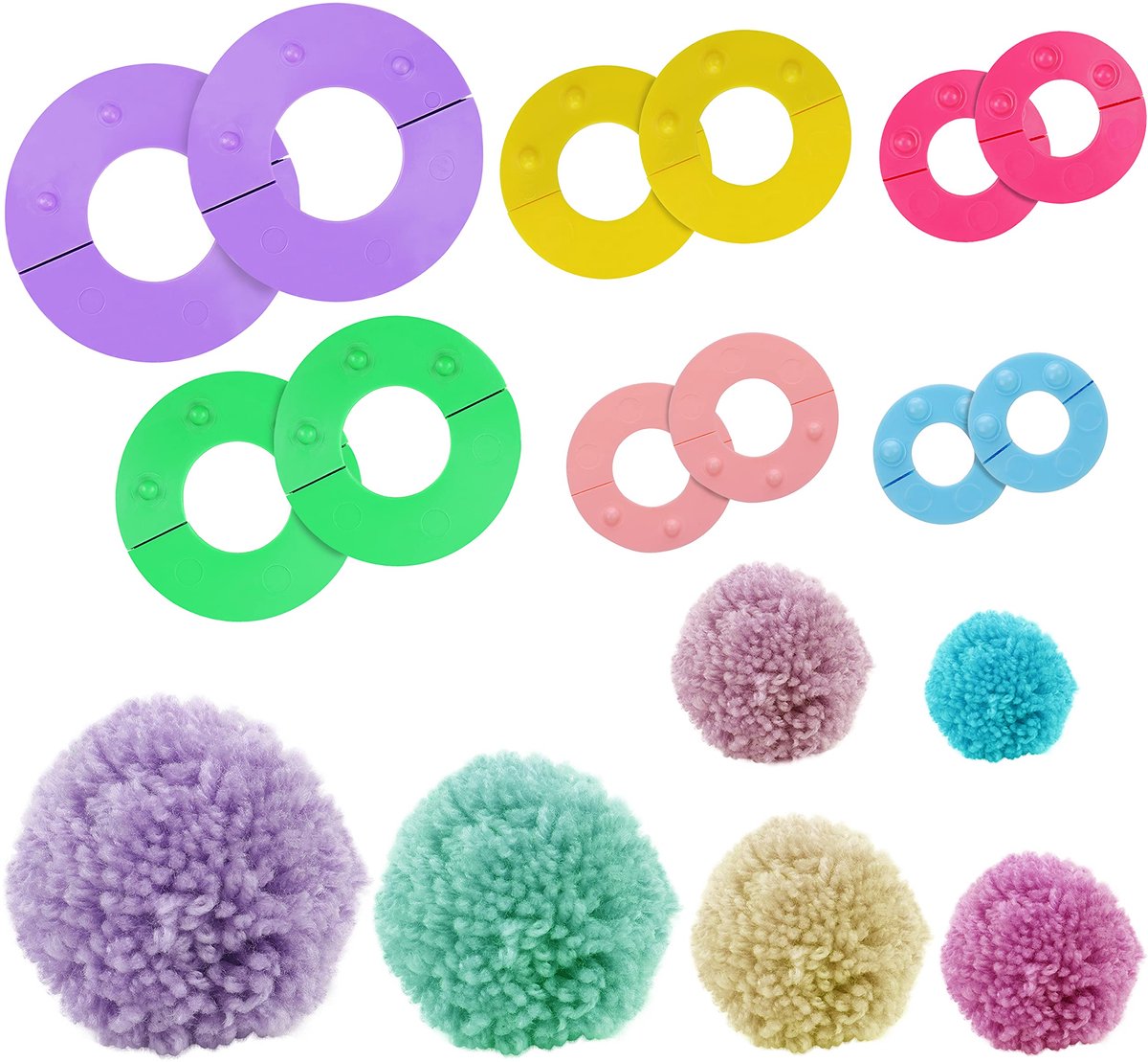 Curtzy Plastic Pompon Maker Set (6 Pak) – 6 Maten (2,5/ 3,5/ 4,5/ 5,5/ 7 & 9cm) – Herbruikbaar DIY Pompon Maak Fluff Ball Haken Wol & Garen Wever Gereedschap