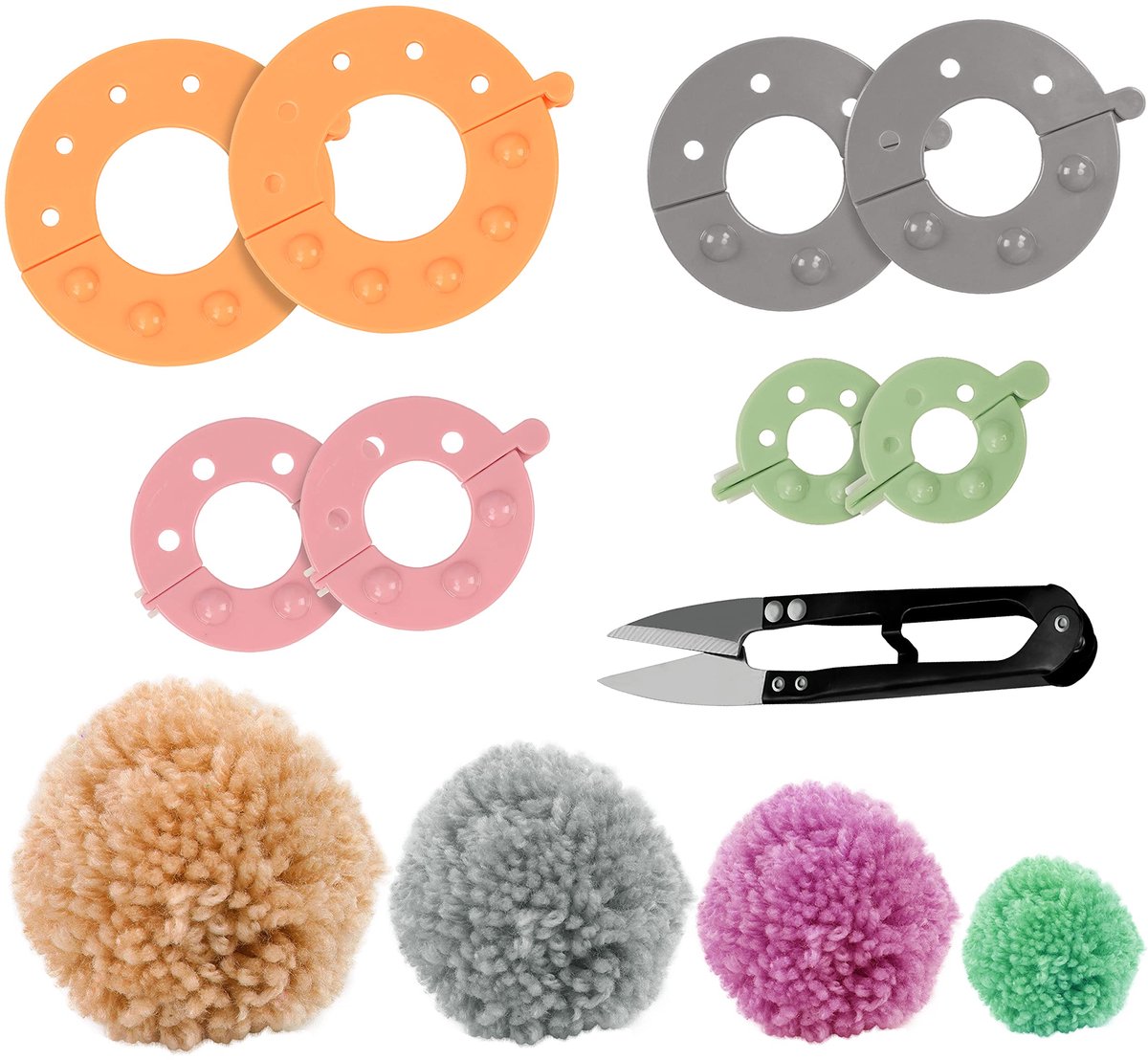 Curtzy Plastic Pompon Maker set (4 Pak) met Schaar – 4 Maten (3,5/ 5,5/ 7 & 9cm) – Herbruikbare DIY Pompon Hobby Fluffball Haken Wol & Garen Wever Gereedschap