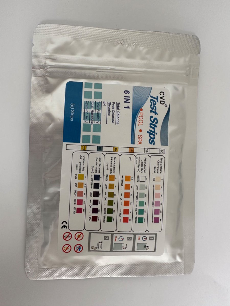 CVD® High Quality Teststrips zwembad 6 in 1 - Zwembad / Jacuzzi Test strips - 50 STUKS 6-in-1 -- Zwemwater kwaliteit -- Zwembadonderhoud -- PH Strips Test: 1. Totale Chloor 2. Vrije Chloor 3. Hardheid 4. Alkaliteit 5. PH waarde 6. Cyanuurzuur