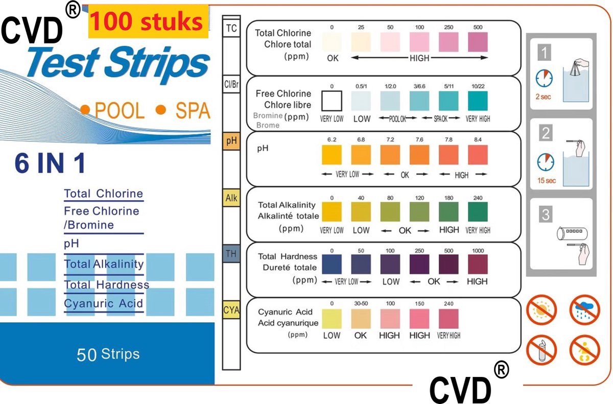 CVD® High Quality Teststrips zwembad 6 in 1 - Zwembad / Jacuzzi Teststrips - 100 STUKS 6-in-1 -- Zwemwater kwaliteit -- Zwembadonderhoud -- PH Strips Test: 1. Totale Chloor 2. Vrije Chloor 3. Hardheid 4. Alkaliteit 5. PH waarde 6. Cyanuurzuur