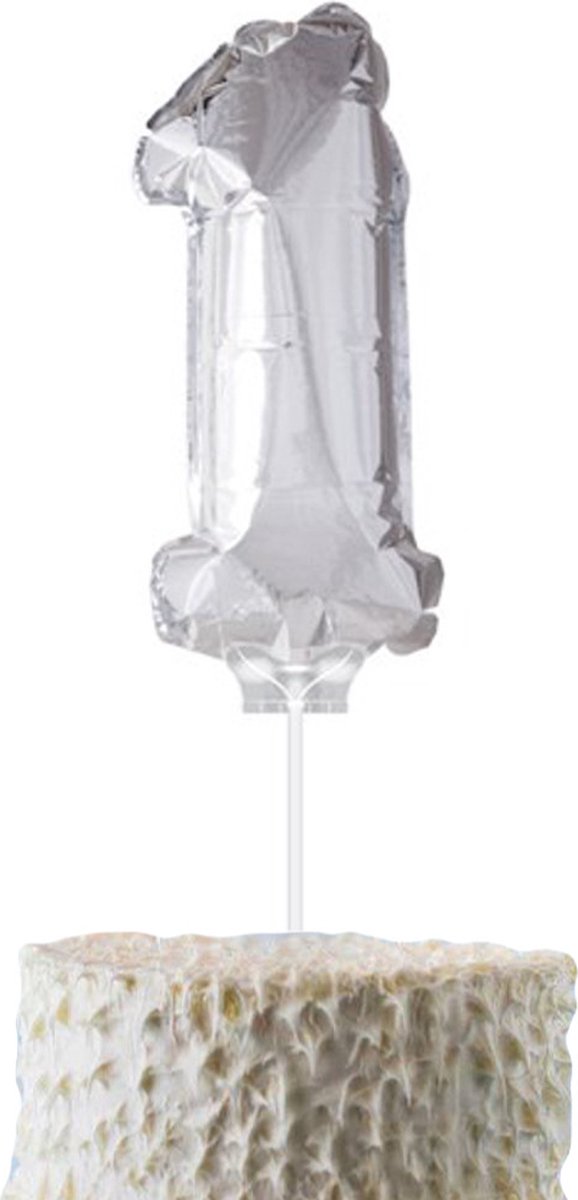 Cijferballon op stokje Cadebo - Taart ballon - 40cm - Cijfer 1 - Zilver - Gratis Verzonden