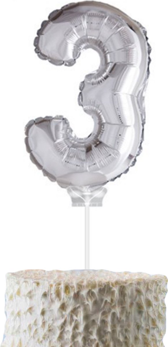 Cijferballon op stokje Cadebo - Taart ballon - 40cm - Cijfer 3 - Zilver - Gratis Verzonden