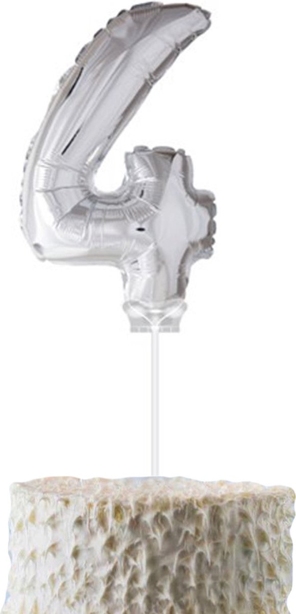 Cijferballon op stokje Cadebo - Taart ballon - 40cm - Cijfer 4 - Zilver - Gratis Verzonden