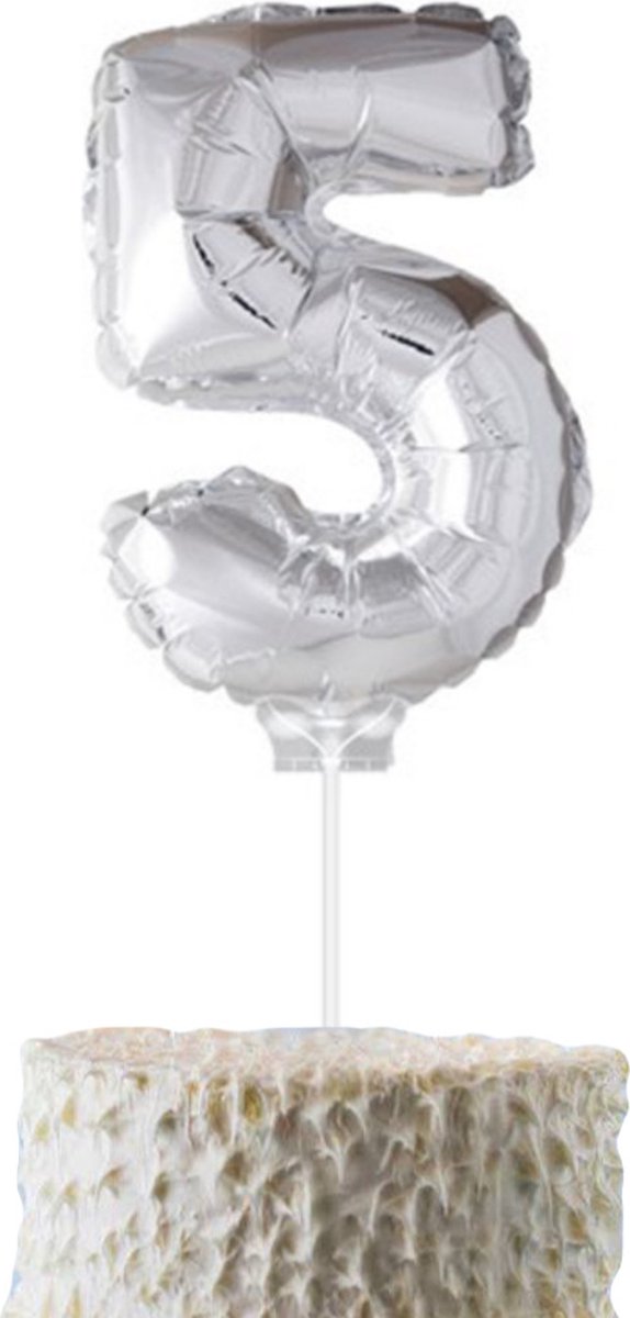 Cijferballon op stokje Cadebo - Taart ballon - 40cm - Cijfer 5 - Zilver - Gratis Verzonden