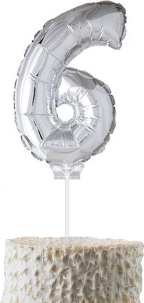 Cijferballon op stokje Cadebo - Taartballon - 40cm - Cijfer 6 - Zilver - Gratis Verzonden