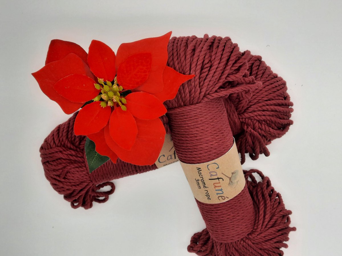 Macramé touw - 3mm - Bordeaux - Getwijnd/Double twisted - gerecycled katoen - per paar