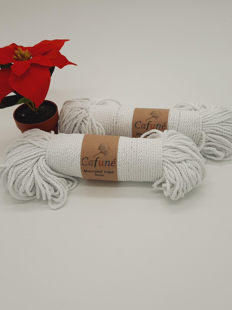 Macramé touw - 3mm - Wit - Getwijnd - Double twisted - Gerecycled katoen