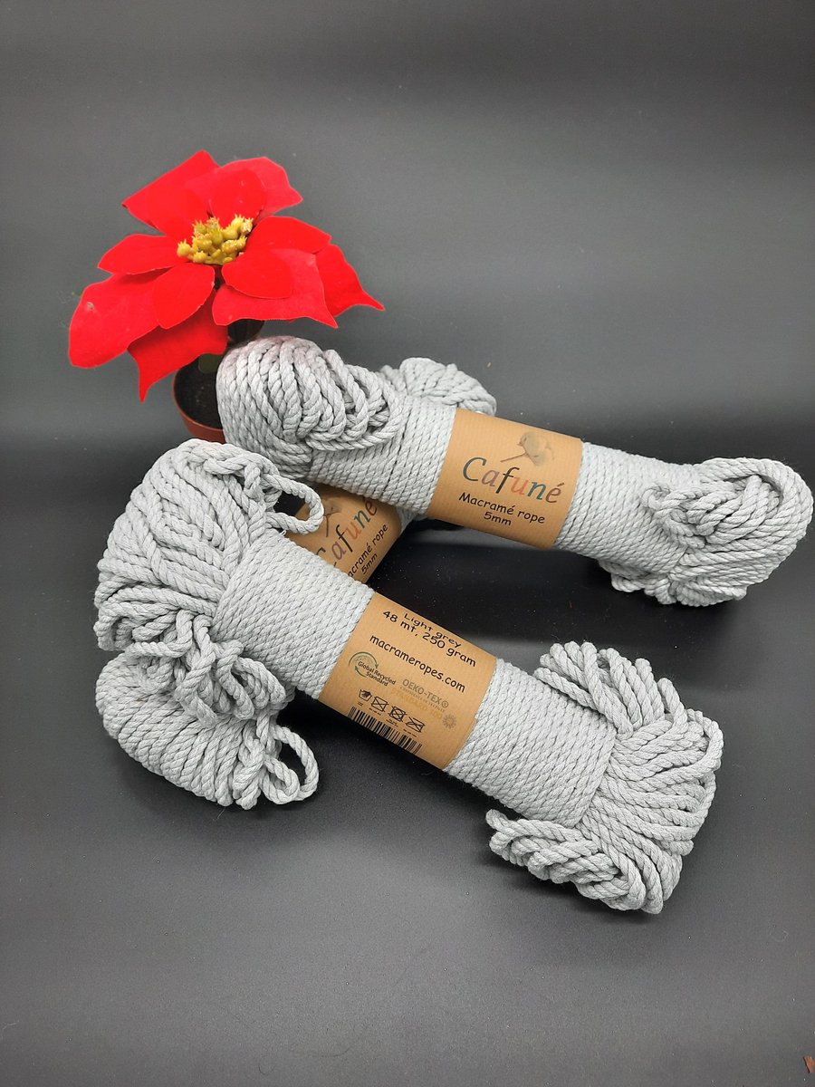 Macramé touw - Licht grijs - 5mm - Double twisted/Getwijnd - Gerecycled katoen - per paar