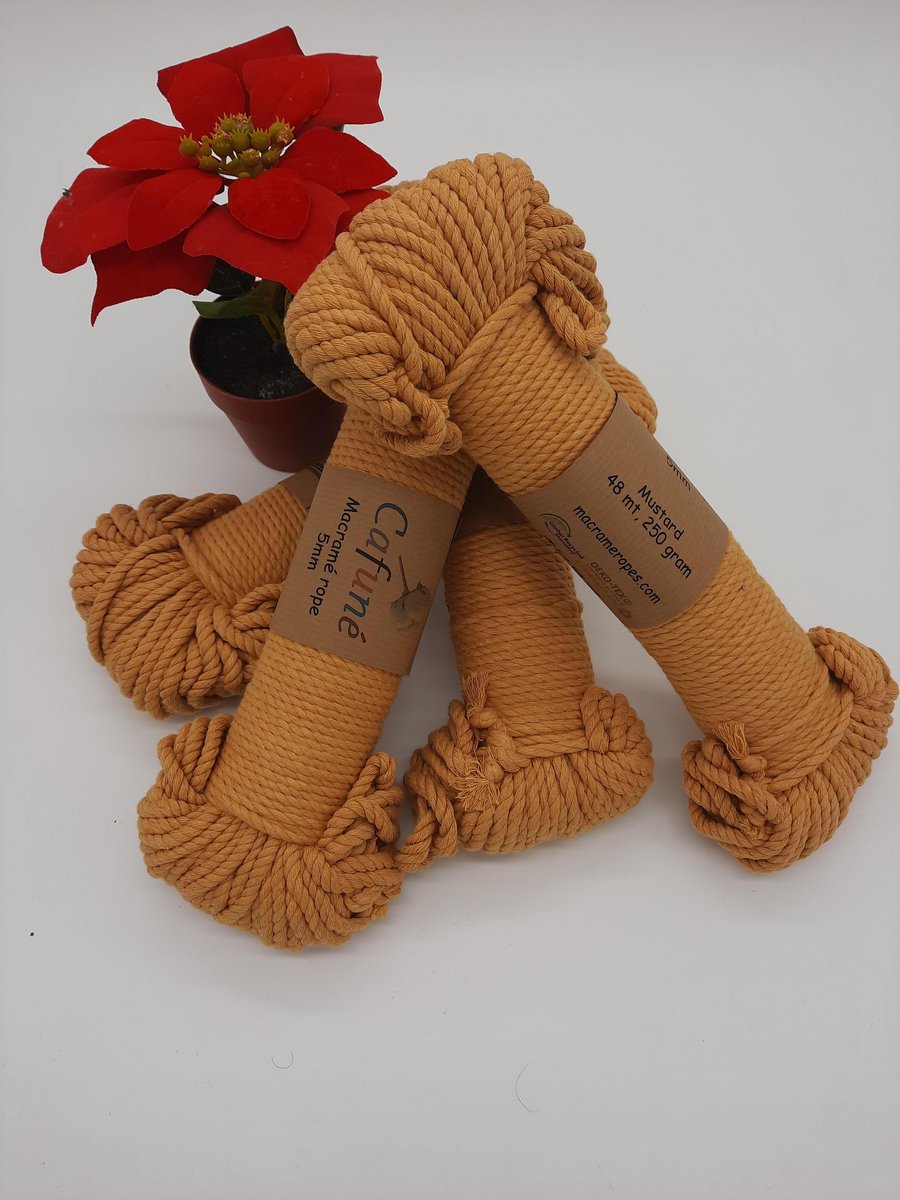 Macramé touw - Mosterd geel - 5mm - Double twisted/Getwijnd - Gerecycled katoen - per paar