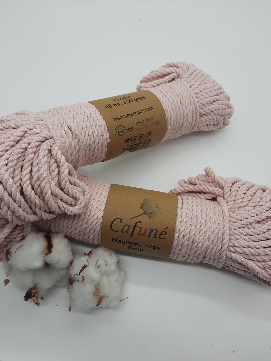 Macramé touw - Poeder - 5mm - Double twisted/Getwijnd - Gerecycled katoen - per paar