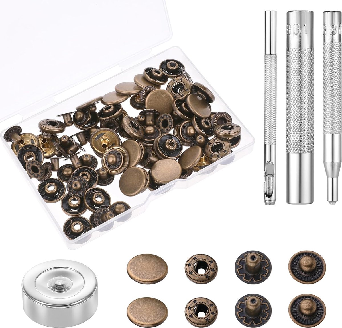Candala 24 sets lederen drukknoopsluitingen kit, 15 mm metalen drukknopen metalen lederen drukknoppen kit met 4 stuks installatiegereedschap Heavy Duty lederen drukknoop voor kleding hoeden jassen jeans