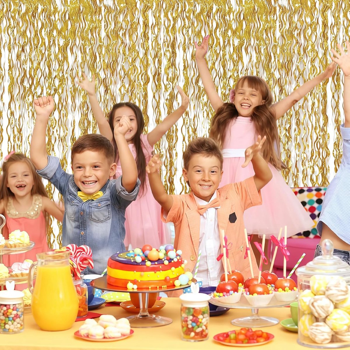 Candala 4 stuks champagnegoud lametta gordijn, 1 m x 2 m, glittergordijn, lamettagolf, glinsterend feestgordijn, zelfklevend, glittergordijn, goud voor verjaardagen, bruiloften, Kerstmis