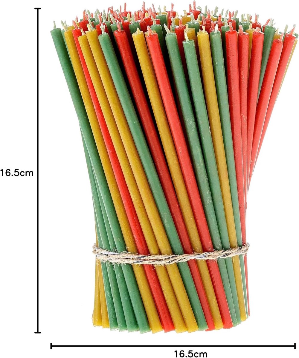 Candala Bijenwas kaarsen (meerkleurig) - Orthodoxe kaarsen voor gebed rituals tafeldecoratie - niet giftig, roet - druppelvrij, lang, duurzame producten, 150 stuks (3 kleuren, hoogte 16,5 cm)