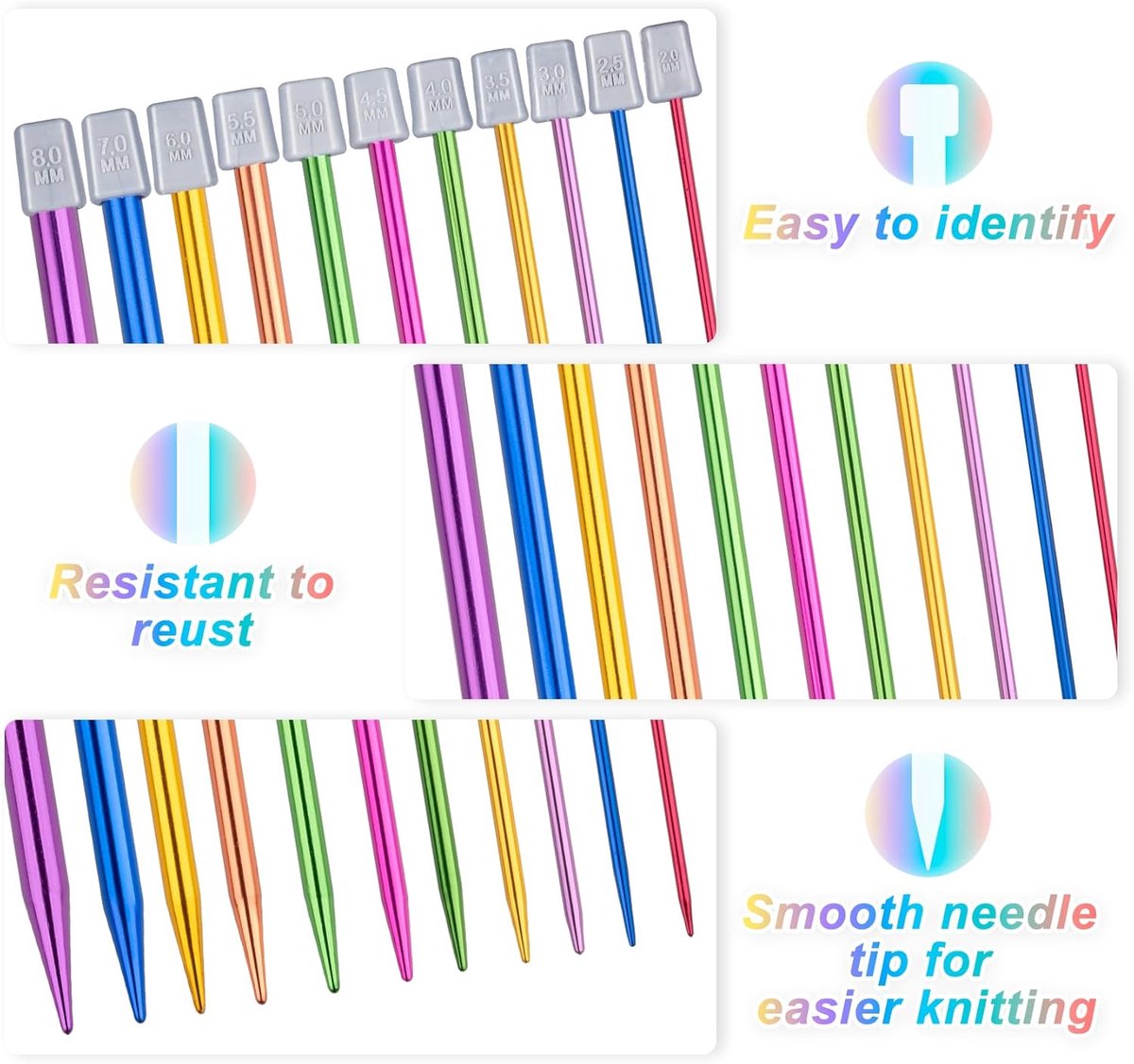 Candala Breinaalden Set 56 stuks, 35 cm 11 paar roestvrij staal enkelpuntige breinaalden 2mm-8mm, breinaalden voor beginners, met breien accessoires