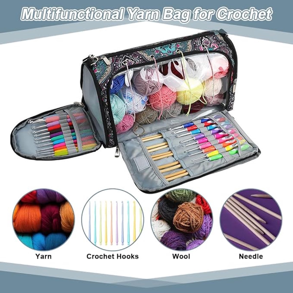 Candala Breitas, haken, draad, gebreide tas, opbergtas, voor haken, wol, projecttas, zwart