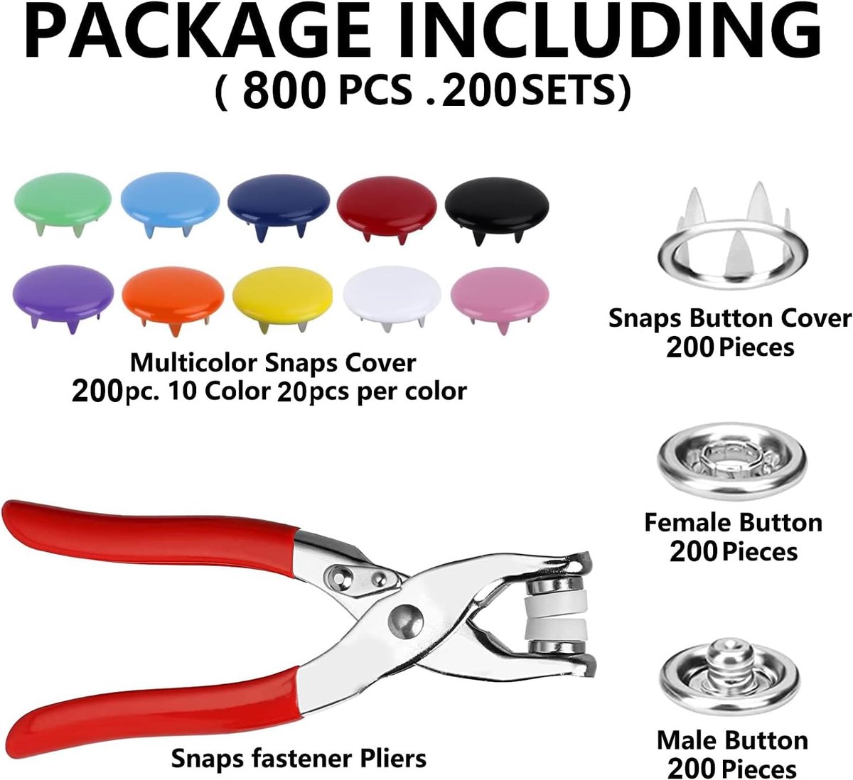 Candala Drukknopen, metalen drukknopenset met tang 9,5 mm jersey drukknopen 10 kleuren, voor doe-het-zelf knutselen baby kinderen kinderkleding (200 sets vaste knoppen + gereedschap)