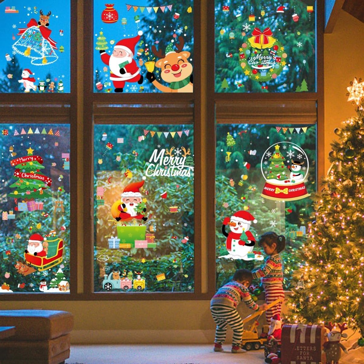 Candala Kerstraamstickers, 10 vellen 389 stuks Merry Christmas raamstickers, herbruikbare kinderraamfolie, dubbelzijdige statische zelfklevende PVC-stickers voor glazen ramen decoratie