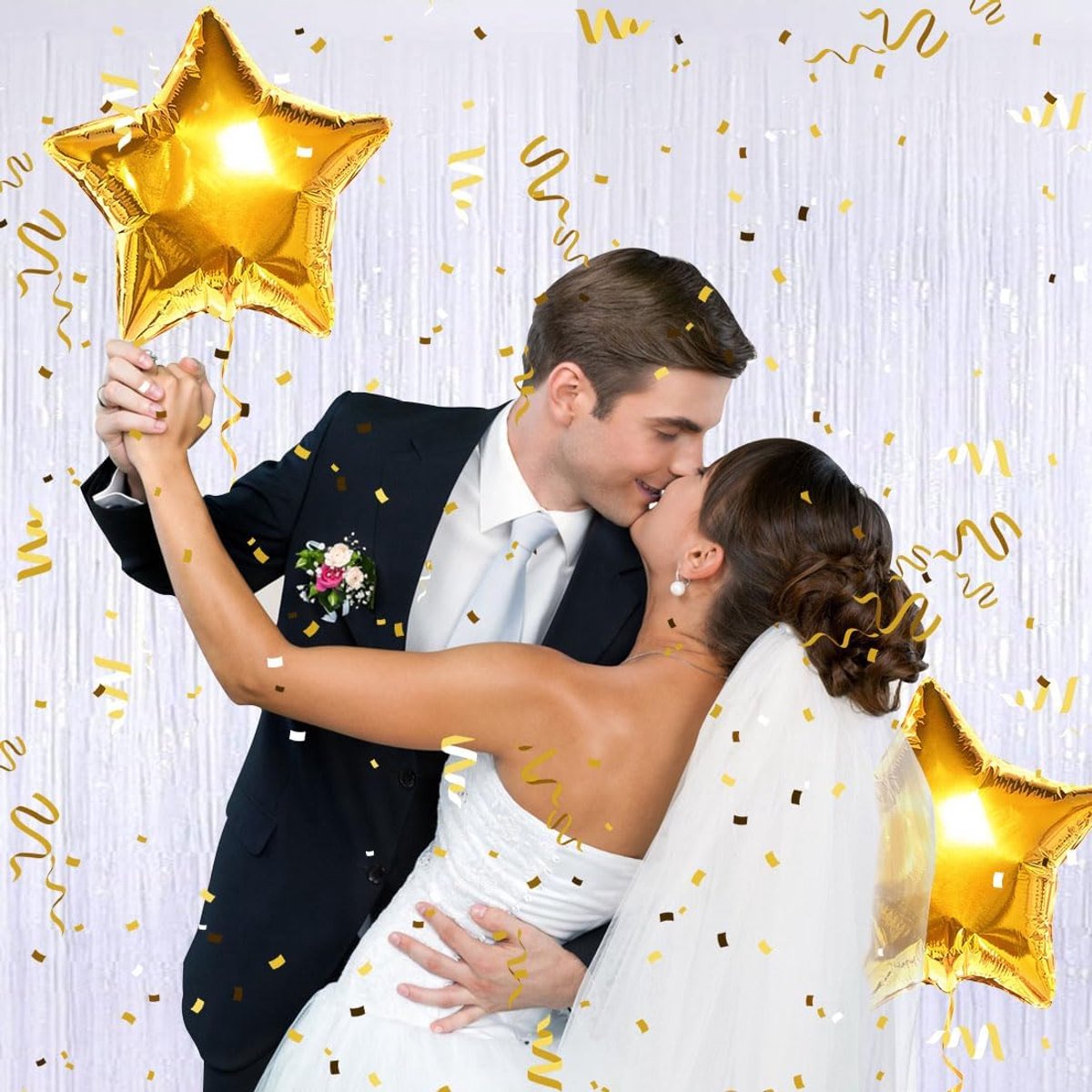 Candala Lametta gordijnen, wit, feestgordijn, 3 stuks, glittergordijn met franjes, 1 m x 2 m, tinsel gordijn, fotowand, achtergronddecoratie voor feest, verjaardag, bruiloft, Happy Birthday, festivaldecoratie