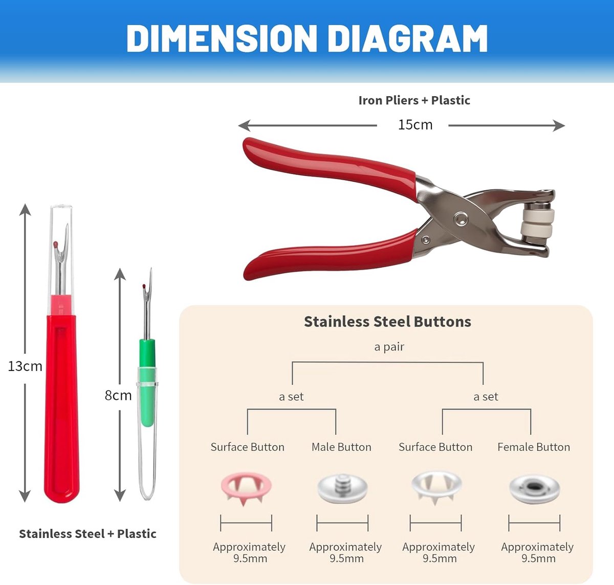 Candala Set van 100 drukknopen met tang, 9,5 mm drukknopen zonder naaien, metalen drukknop, set met vaste knopen, gereedschap voor doe-het-zelf knutselen, kinderkleding, kledingtassen, handgemaakt (zilver)