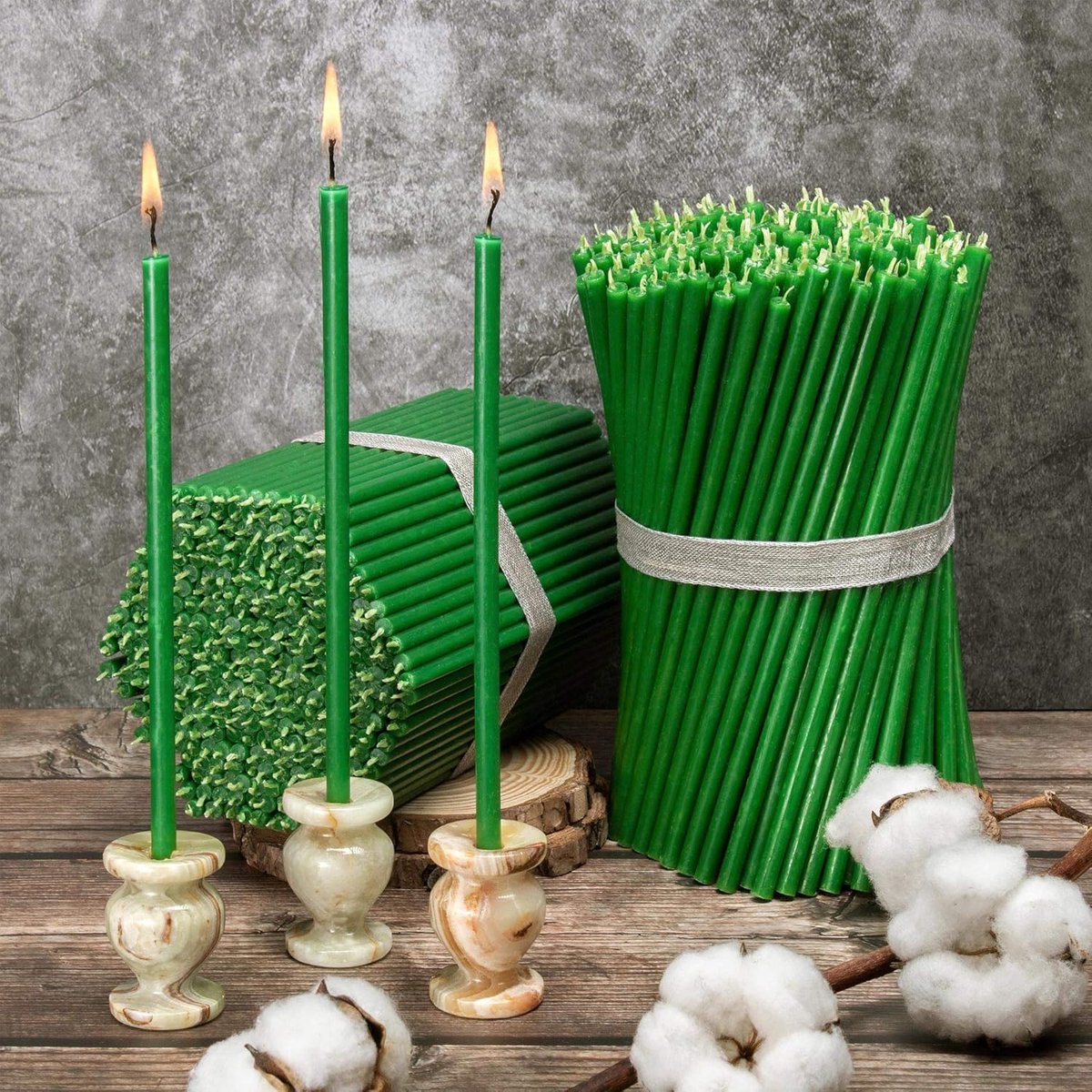 Candala bijenwaskaarsen,-100 stuks, hoogwaardige rituele kaarsen, L-18,5 cm Ø-6,1 mm, 60 minuten brandduur in groen, 500 g dunne kaarsen, druppel- en rookvrij