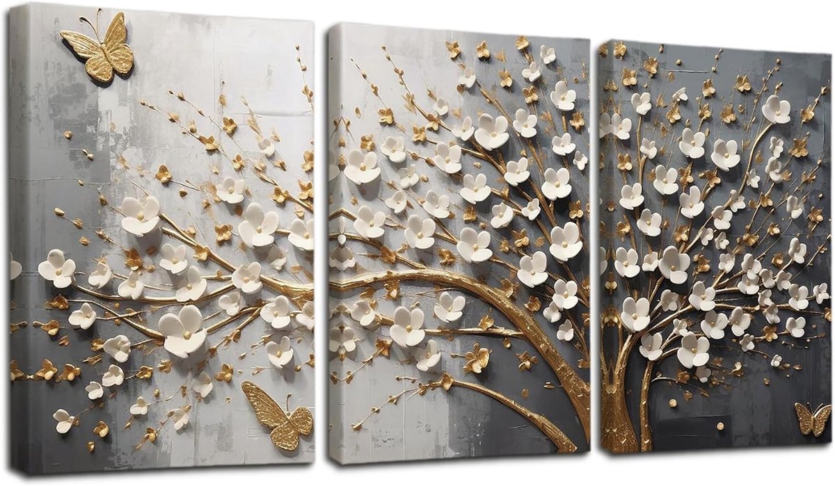 Moderne Canvas Muurkunst - Wanddecoratie voor Slaapkamer en Woonkamer - 3 Stuks - Gouden Boom en Vlinders - 30 x 40 cm