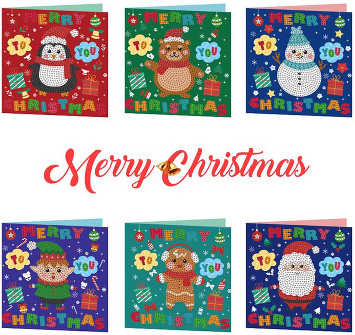 Cards & Crafts 6 Diamond Painting Kerstkaarten - 15x15cm - Kerstkaarten met enveloppen - Diamond painting complete set