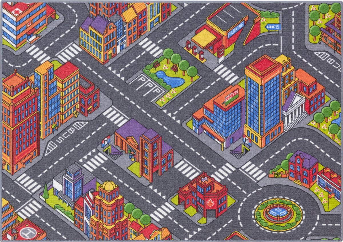 Carpet Studio Big City Speelkleed – Speelmat 95x133cm - Vloerkleed Kinderkamer - Anti-slip Speeltapijt - Verkeerskleed - Grijs