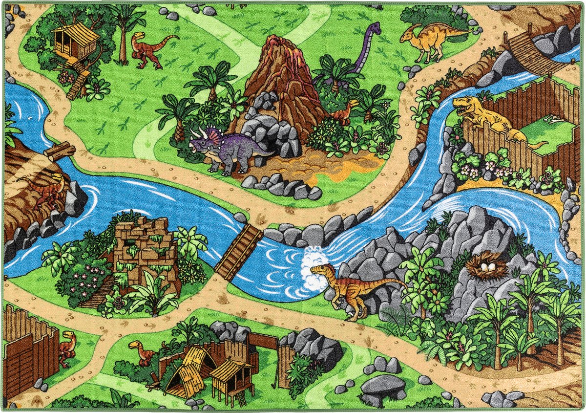 Carpet Studio Dino Speelkleed - Speelmat 95x133cm - Vloerkleed Kinderkamer - Anti-slip Speeltapijt - Verkeerskleed - Groen/Grijs