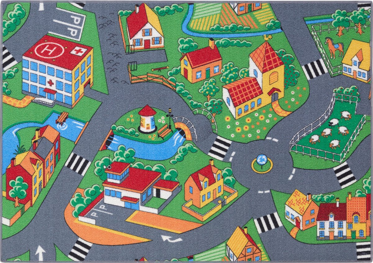 Carpet Studio Little Village Speelkleed – Speelmat 95x133cm - Vloerkleed Kinderkamer - Anti-slip Speeltapijt - Verkeerskleed - Rood/Groen