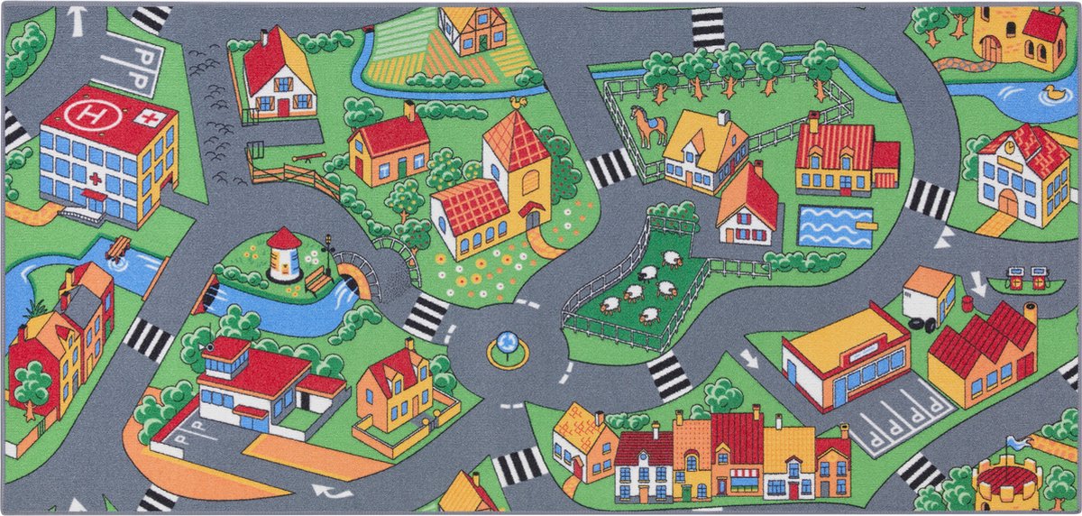 Carpet Studio Little Village Speelkleed – Speelmat 95x200cm - Vloerkleed Kinderkamer - Anti-slip Speeltapijt - Verkeerskleed - Rood/Groen