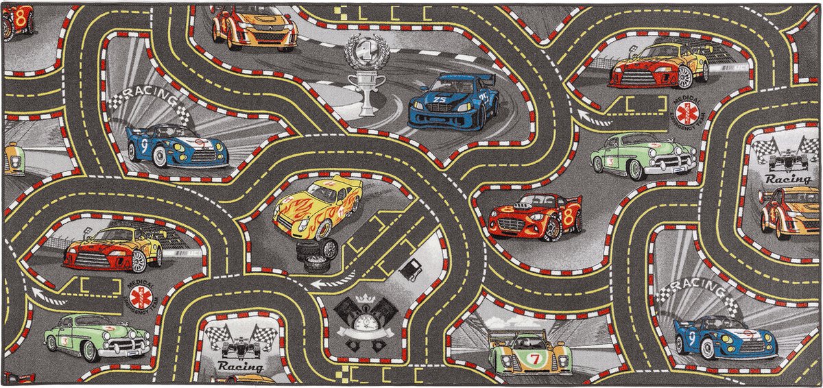Carpet Studio Racer Speelkleed - Speelmat 95x200cm - Vloerkleed Kinderkamer - Anti-slip Speeltapijt - Verkeerskleed - Zwart