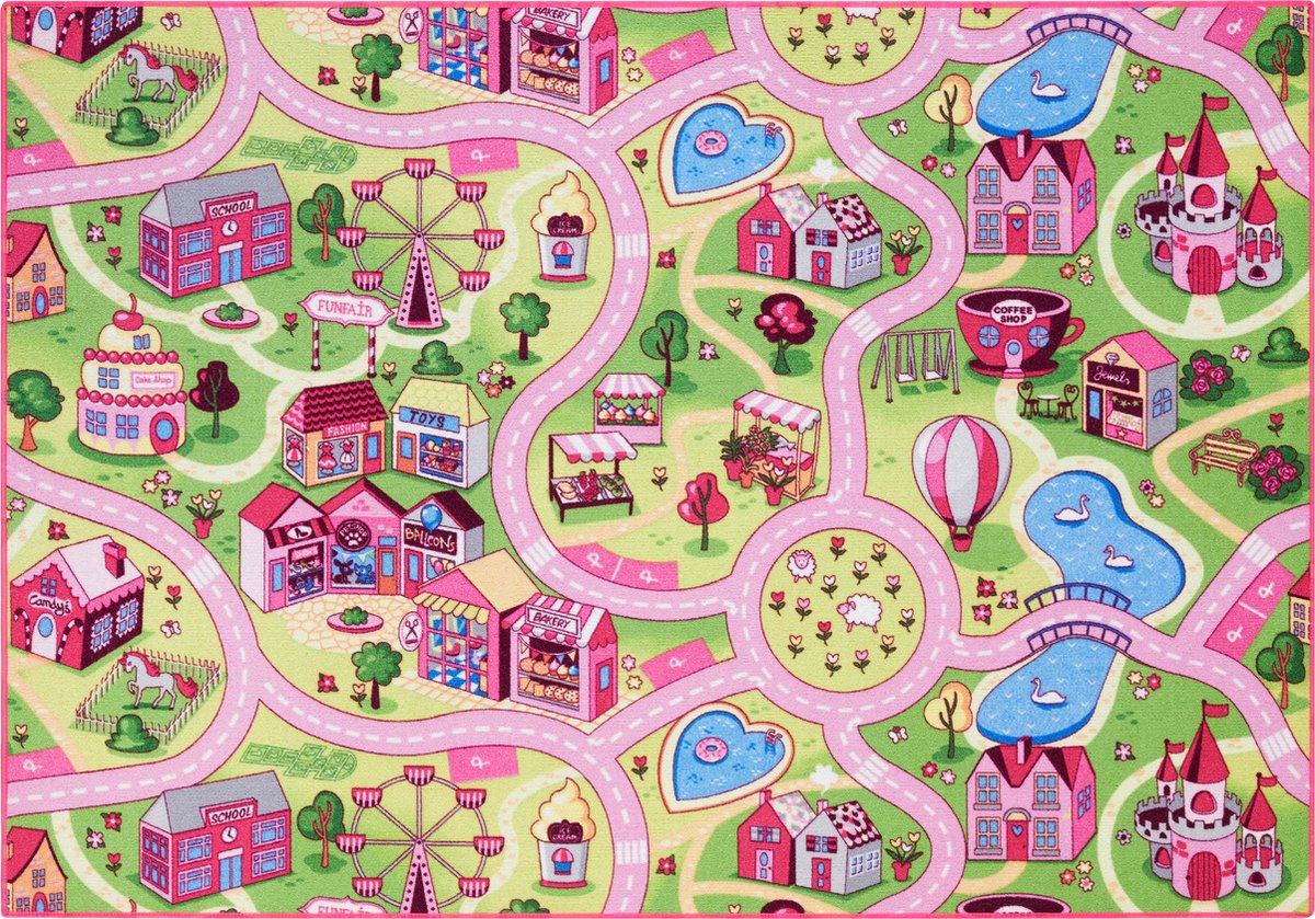 Carpet Studio Sweet Town Speelkleed Roze – Speelmat 140x200cm - Vloerkleed Kinderkamer - Anti-slip Verkeerskleed