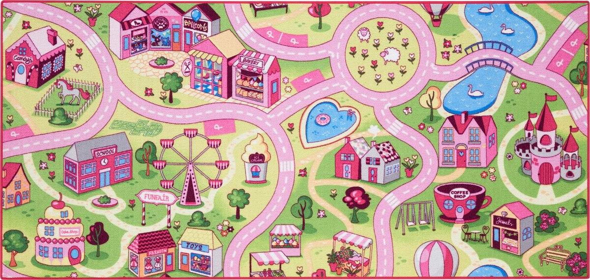 Carpet Studio Sweet Town Speelkleed Roze – Speelmat 95x200cm - Vloerkleed Kinderkamer - Anti-slip Verkeerskleed