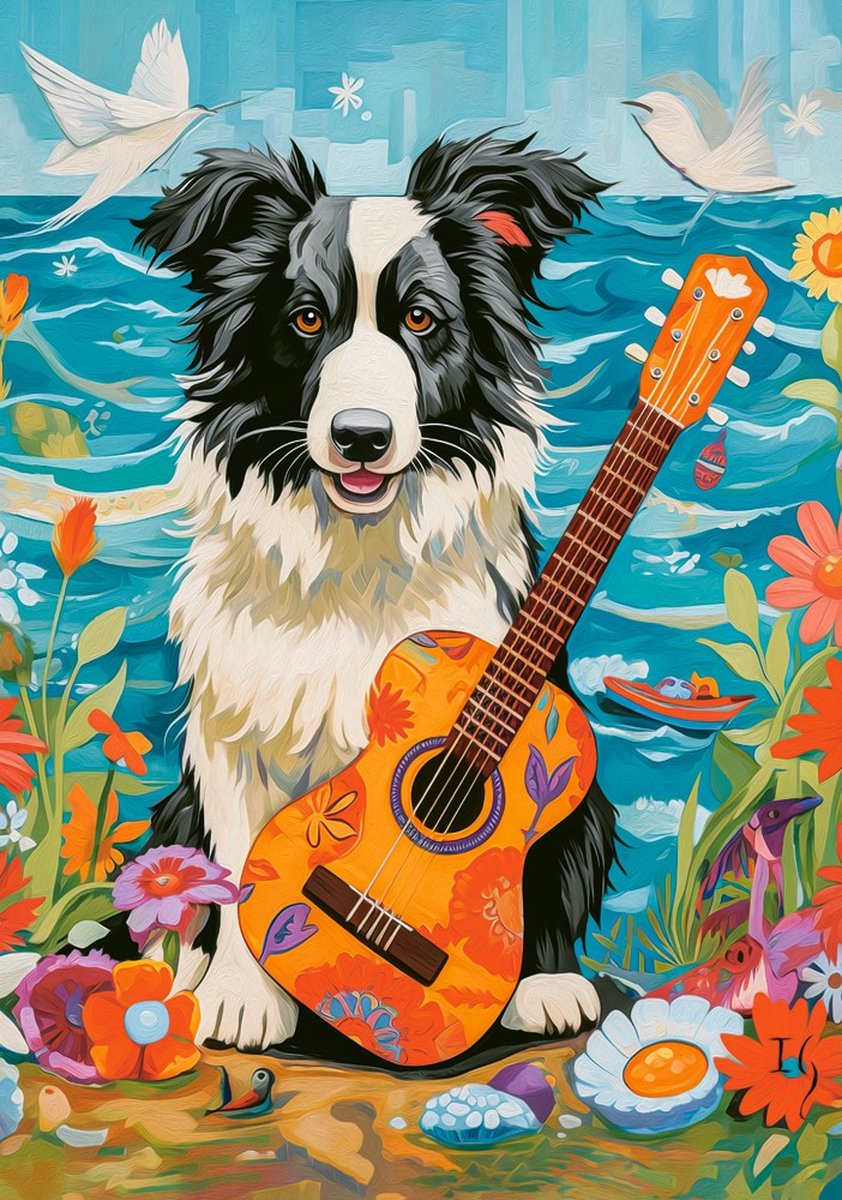 Castorland puzzel Collie, Gitarre und Meer - 500 stukjes legpuzzel.