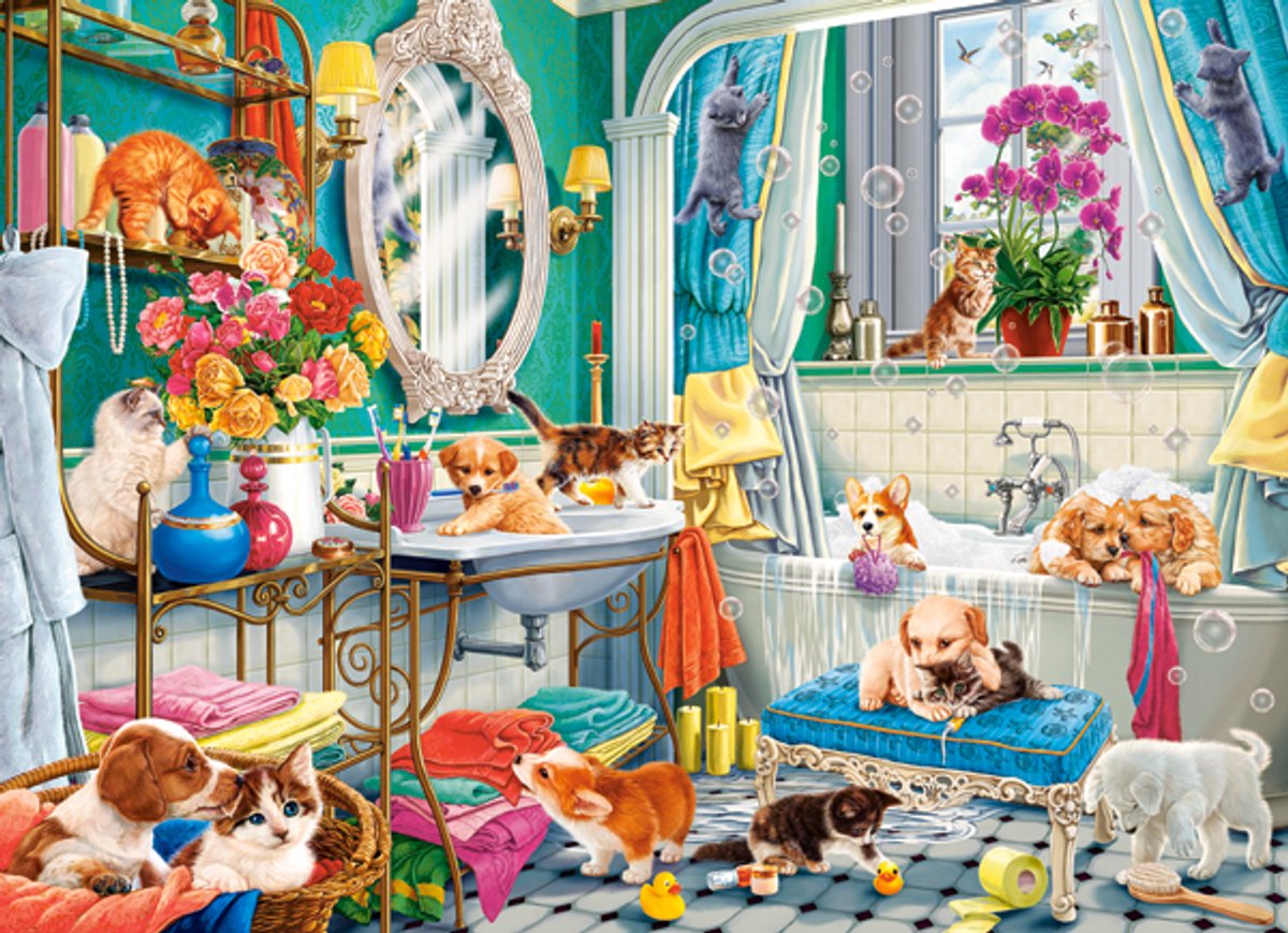 Castorland puzzel dieren Crazy Pet Bath - 100 stukjes kleurrijk.