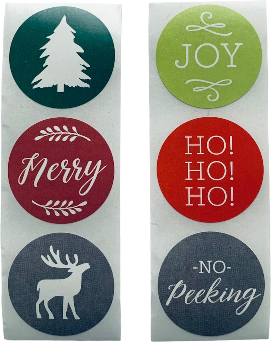 36 Kerst Stickers / Merry Christmas - 6 Stuks per motief - Kerstboom Rendier Merry JOY HOHOHO No Peeking - Groen Grijs Rood - Doorsnede 2,5 cm