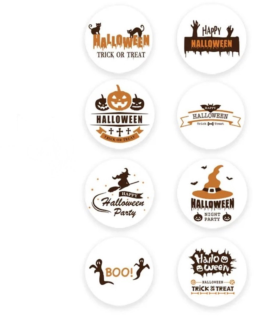 40 Halloween Stickers - 5 stuks per motief - Heksenhoed/Heks/Pompoen/Tekst/Spook/Vleermuis/Kat/Hand - Doorsnede 2,5 cm