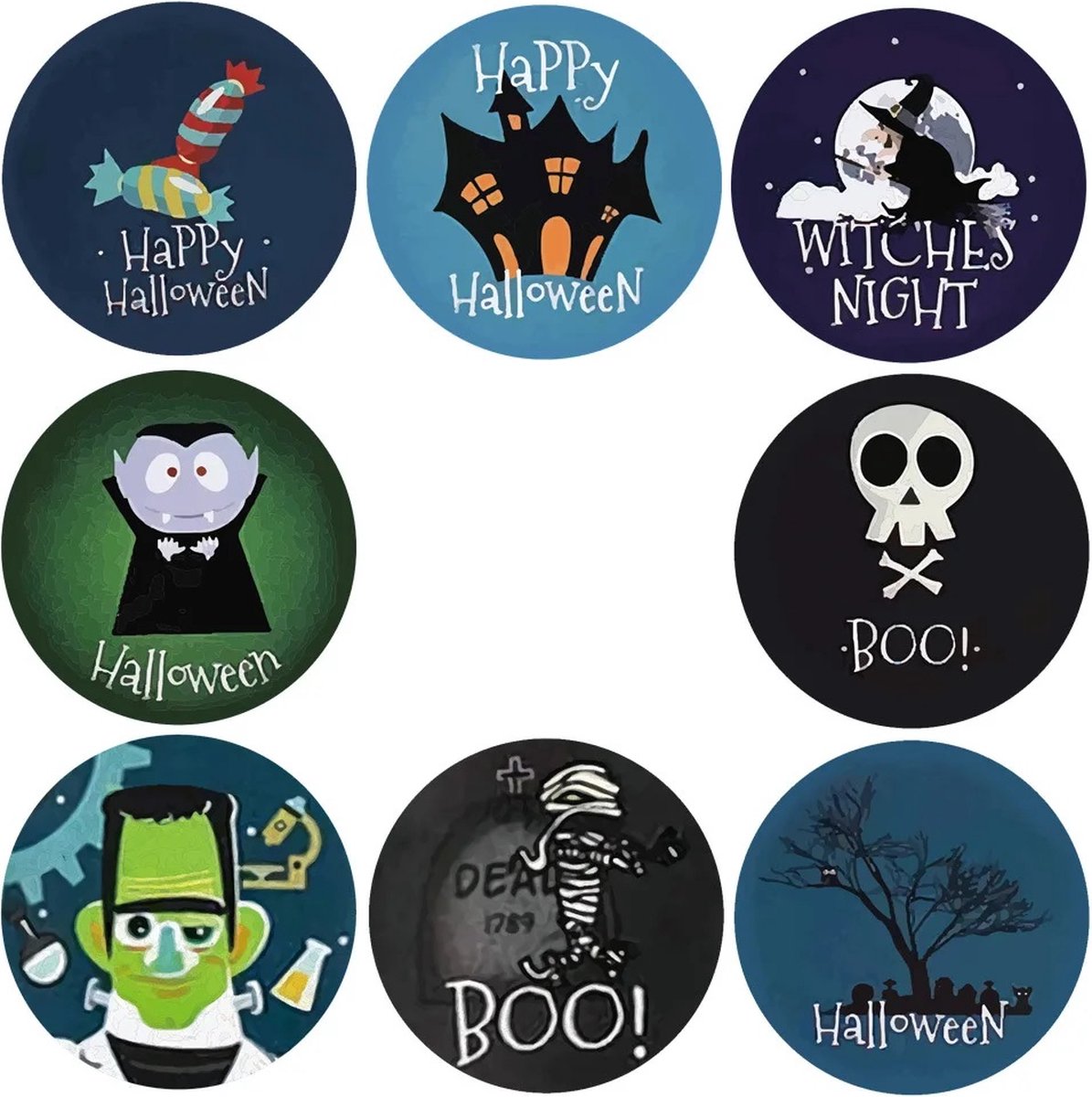 40 Halloween Stickers - 5 stuks per motief - Mummie/Snoep/Dracula/Frankenstein/Heks/Schedel/Boom/Kasteel/Happy Halloween - Doorsnede 2,5 cm